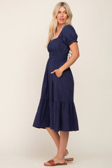 Navy Puff Sleeve Ruffle Hem Midi Dress