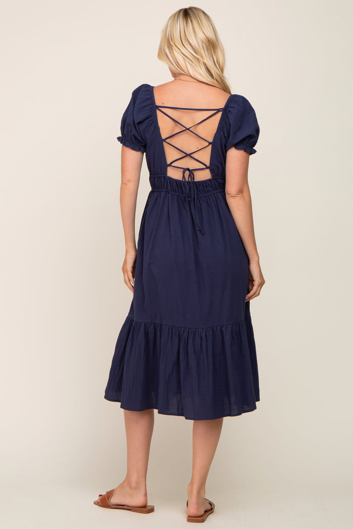 Navy Puff Sleeve Ruffle Hem Midi Dress