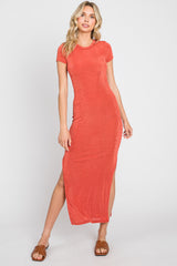 Rust Short Sleeve Side Slit Maternity Maxi Dress