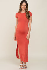 Rust Short Sleeve Side Slit Maternity Maxi Dress