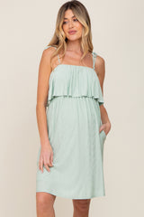 Light Olive Ruffle Overlay Shoulder Tie Maternity Dress