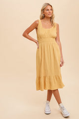 Yellow Gauze Smocked Waist Lettuce Trim Maternity Midi Dress