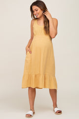 Yellow Gauze Smocked Waist Lettuce Trim Maternity Midi Dress