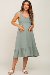 Light Olive Gauze Smocked Waist Lettuce Trim Maternity Midi Dress