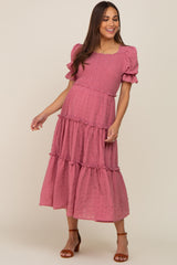 Mauve Smocked Puff Sleeve Tiered Maternity Midi Dress