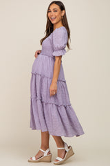 Lavender Smocked Puff Sleeve Tiered Maternity Midi Dress