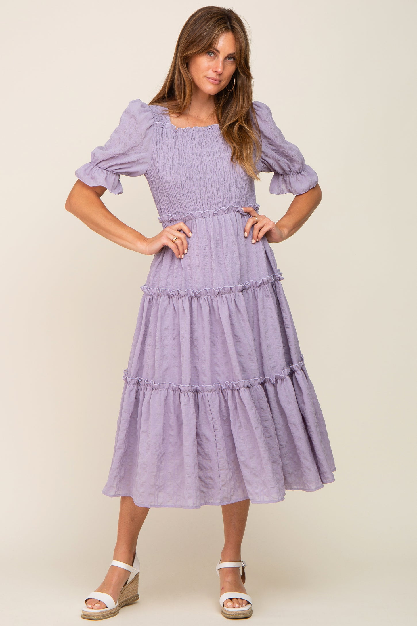 Lavender Smocked Puff Sleeve Tiered Midi Dress