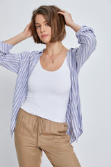 Blue Striped Button Up Rolled Sleeve Maternity Top