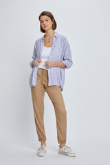 Blue Striped Button Up Rolled Sleeve Top