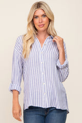 Blue Striped Button Up Rolled Sleeve Top