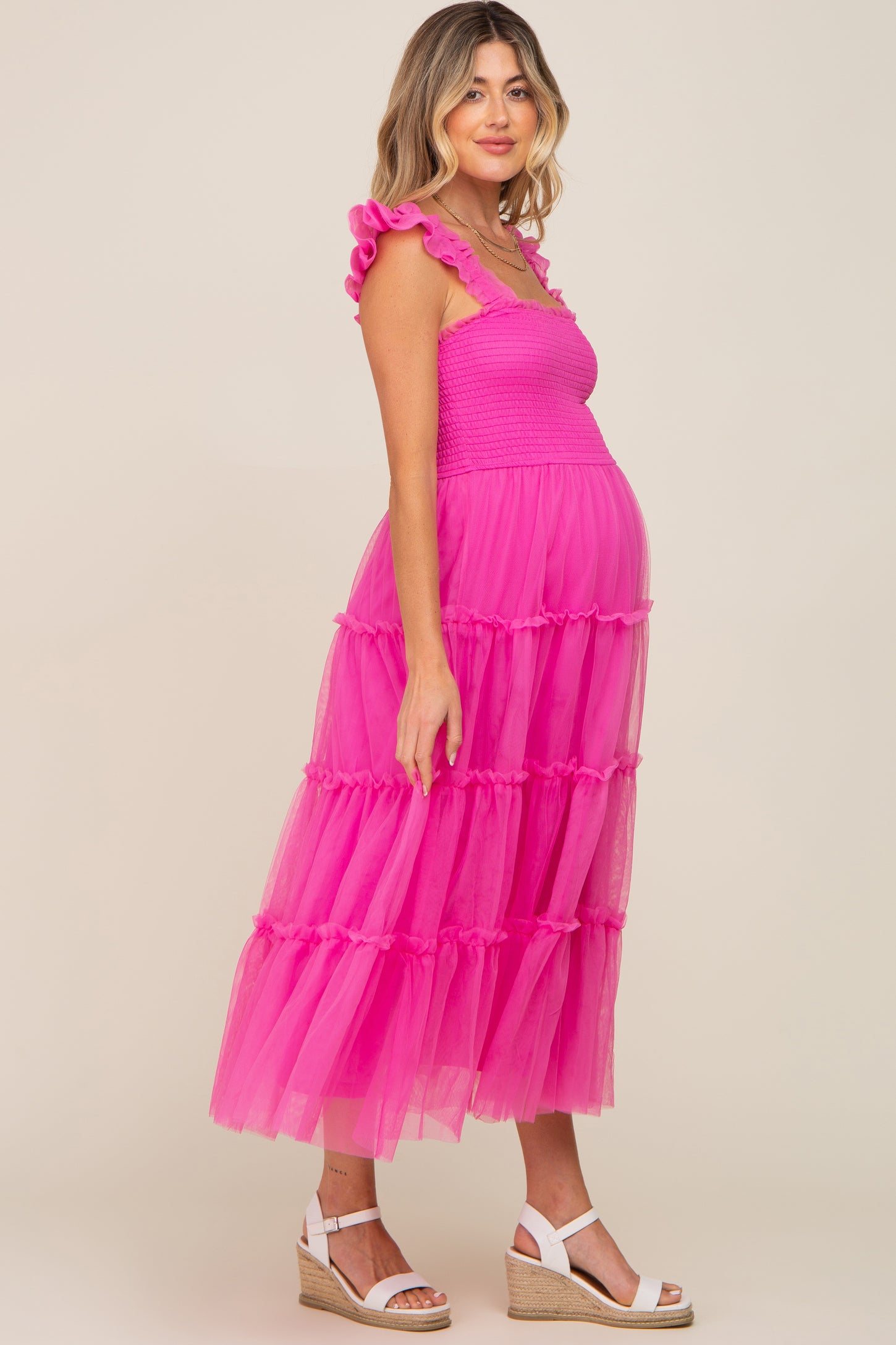 Fuchsia Smocked Mesh Ruffle Accent Maternity Midi Dress