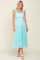 Aqua Smocked Mesh Ruffle Accent Midi Dress