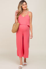 Pink Ribbed Double Layer Cropped Maternity Jumpsuit