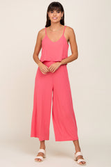 Pink Ribbed Double Layer Cropped Maternity Jumpsuit