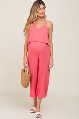 Pink Ribbed Double Layer Cropped Maternity Jumpsuit