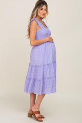 Lavender Smocked Square Neck Ruffle Strap Tiered Maternity Midi Dress