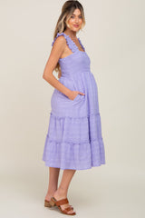 Lavender Smocked Square Neck Ruffle Strap Tiered Maternity Midi Dress