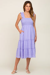 Lavender Smocked Square Neck Ruffle Strap Tiered Midi Dress