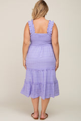 Lavender Smocked Square Neck Ruffle Strap Tiered Maternity Plus Midi Dress