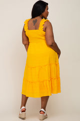 Yellow Smocked Square Neck Ruffle Strap Tiered Plus Midi Dress