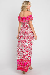 Red Floral Paisley Ruffle Off Shoulder Maxi Dress