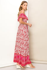 Red Floral Paisley Ruffle Off Shoulder Maxi Dress