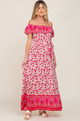 Red Floral Paisley Ruffle Off Shoulder Maternity Maxi Dress