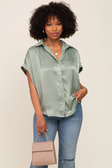 Olive Satin Button Down Smocked Accent Maternity Top