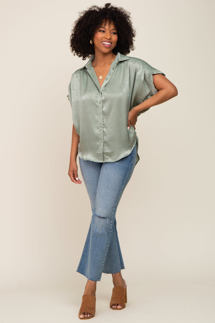 Olive Satin Button Down Smocked Accent Top