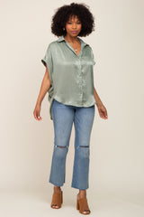 Olive Satin Button Down Smocked Accent Top