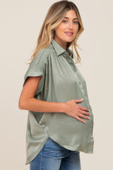 Olive Satin Button Down Smocked Accent Maternity Top