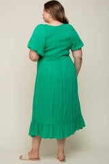 Green Smocked Puff Sleeve Maternity Plus Midi Dress