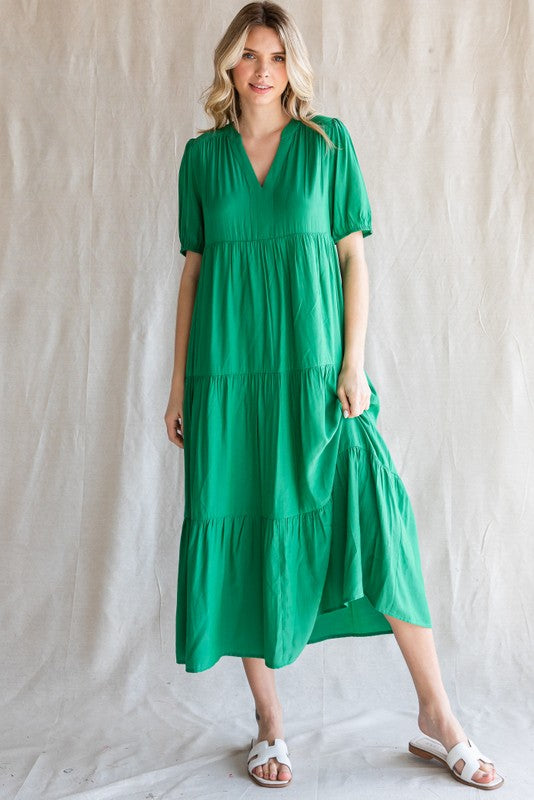 Green Tiered V-Neck Midi Dress