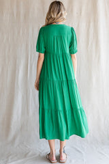 Green Tiered V-Neck Midi Dress
