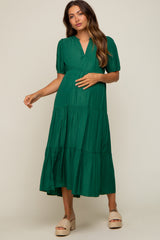 Green Tiered V-Neck Maternity Midi Dress