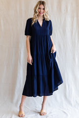 Navy Tiered V-Neck Maternity Midi Dress