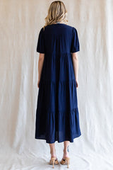 Navy Tiered V-Neck Midi Dress