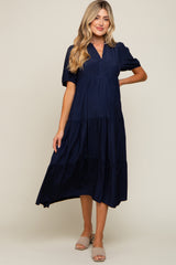 Navy Tiered V-Neck Maternity Midi Dress