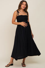 Black Shirred Shoulder Tie Maternity Midi Dress