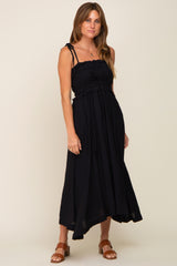 Black Shirred Shoulder Tie Maternity Midi Dress