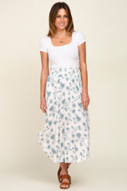 Blue Floral Smocked Waist Round Hem Midi Skirt