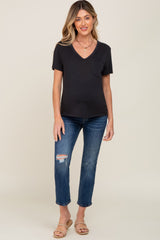 Black V-Neck Front Pocket Short Sleeve Maternity Top