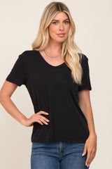 Black V-Neck Front Pocket Short Sleeve Top