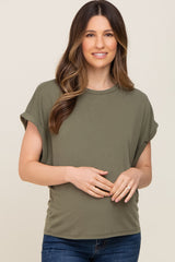 Olive Crew Neck Cuffed Short Sleeve Maternity Top