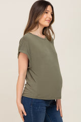 Olive Crew Neck Cuffed Short Sleeve Maternity Top