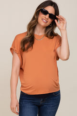 Rust Crew Neck Cuffed Short Sleeve Maternity Top