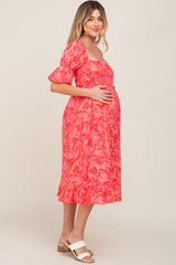 Red Floral Smocked Bell Sleeve Maternity Midi Dress