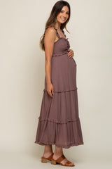 Mocha Ruffle Accent Maternity Midi Dress