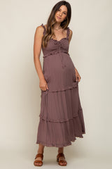 Mocha Ruffle Accent Maternity Midi Dress