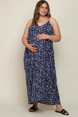 Navy Leaf Print Double V-Neck Maternity Plus Maxi Dress